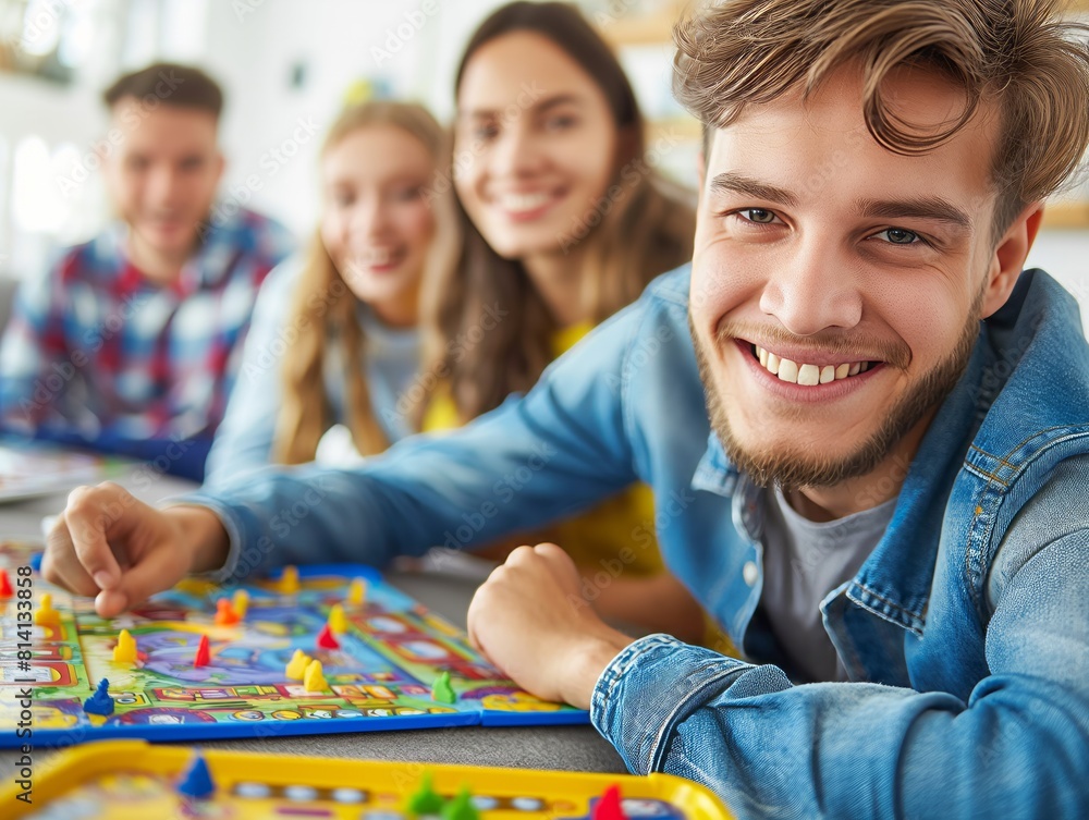 A group of people are playing a board game together. One of the players is smiling and he is enjoying the game