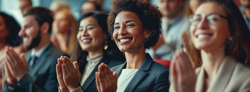 Fototapeta premium Joyful audience at a corporate event. A professional woman is clapping happily, embodying inspiration and workplace satisfaction. Ideal for business motivational themes and corporate communications