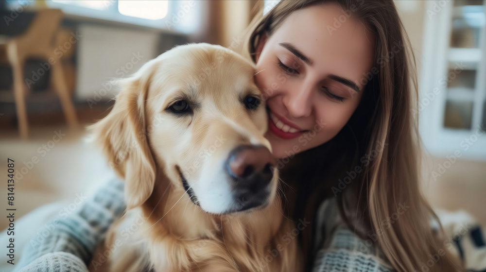 A woman is hugging her golden retriever. A woman is hugging her golden retriever.