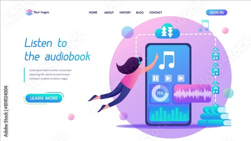Girl listening to an audiobook online using a smartphone. Flat 2D character. Landing page concepts and web design