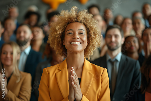 Hopeful businesswoman at conference. A confident woman in a yellow blazer stands out in a crowd, embodying optimism and leadership. Ideal for business and motivational themes