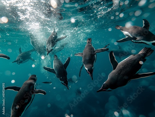 A group of penguins are swimming in the ocean. The water is clear and the penguins are black and white