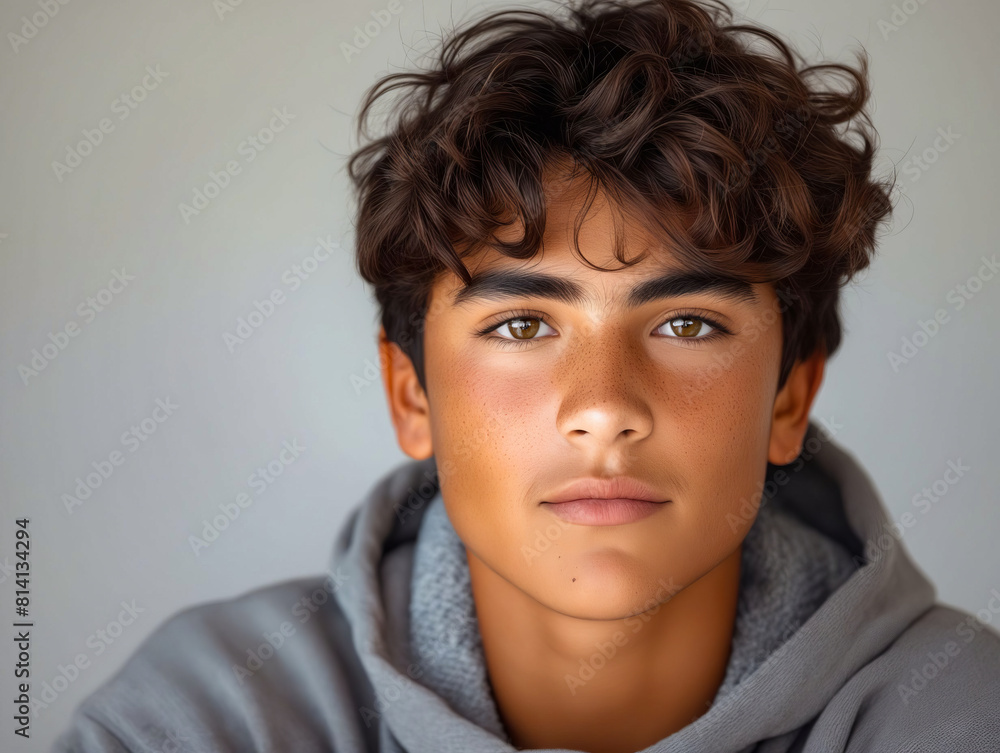 A young man with curly hair looking at the camera. A young man with curly hair looking at the camera.