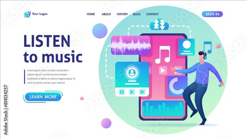Young man dancing to the music playing on his phone. Listening to music on social networks. Flat 2D character. Landing page concepts and web design
