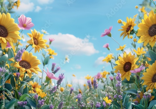 Blue Background With Yellow and Purple Flowers