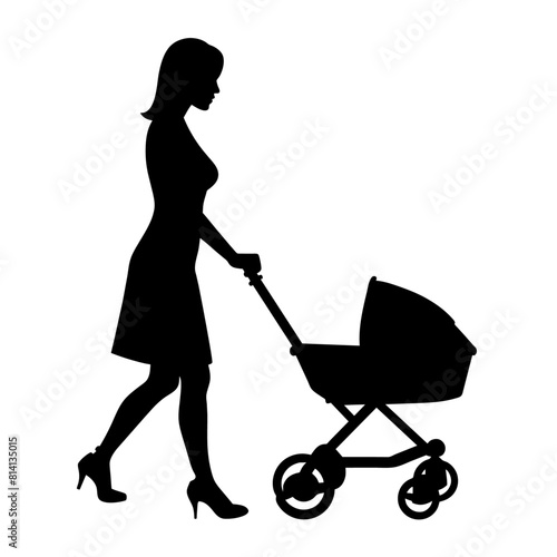 a woman walking with her baby sitting on the baby wheel car vector silhouette