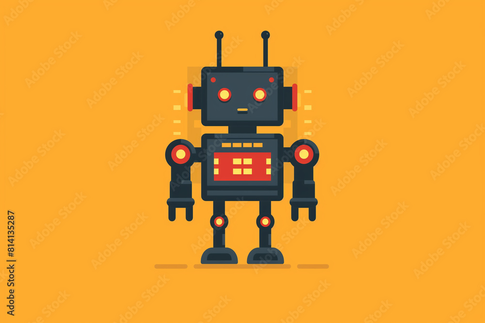 A robot with red and black parts stands on a yellow background A robot with red and black parts stands on a yellow background