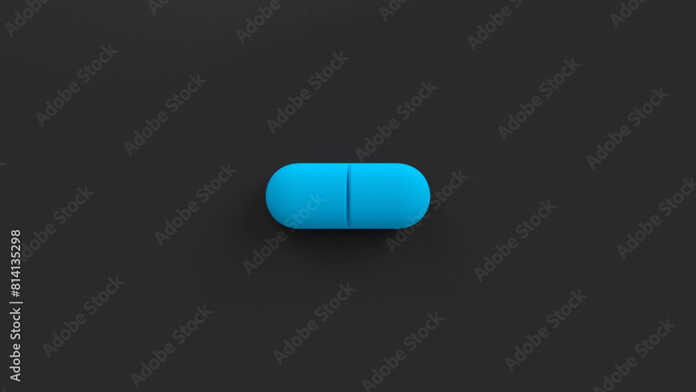 Blue single pill isolated on a black background. Tablet, pill top view, flat lay. 3d render illustration Blue single pill isolated on a black background. Tablet, pill top view, flat lay. 3d render illustration