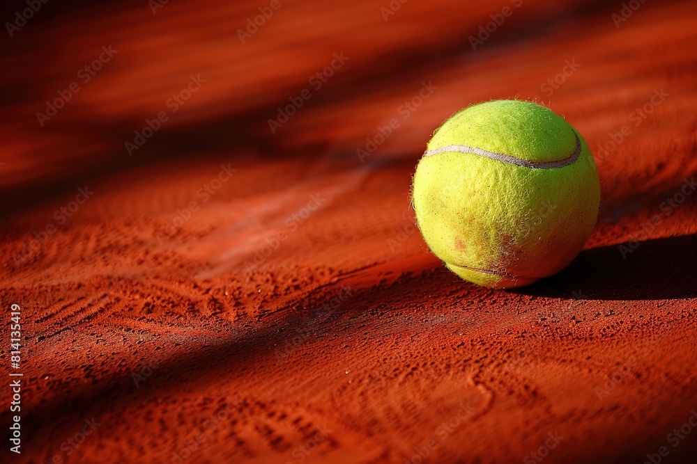 Bright yellow tennis ball on red clay court with shadows