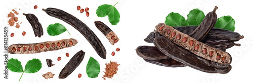 Ripe carob pods and bean isolated on white background with  full depth of field. Top view. Flat lay photo