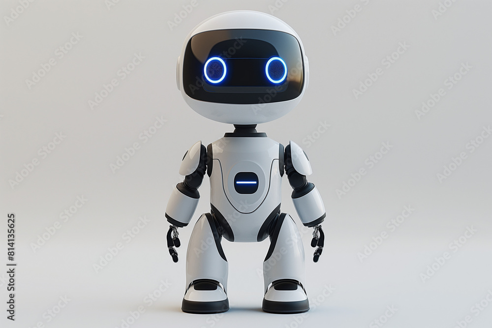 A robot with blue eyes stands in front of a white background A robot with blue eyes stands in front of a white background