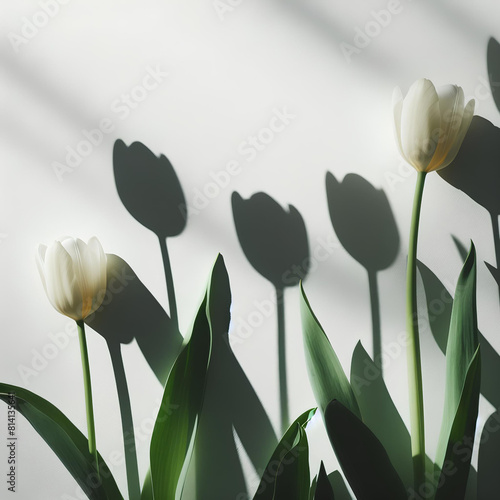  sfondo bianco minimale con ombre di fiori di tulipani create da luce naturale con spazio vuoto per inserimento di testo fotografia raffinata semplice naturale spontanea photo