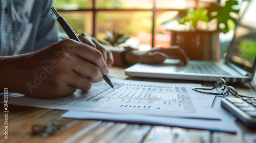 Financial research. Government taxes and calculation tax return concept. Businessman filling tax form