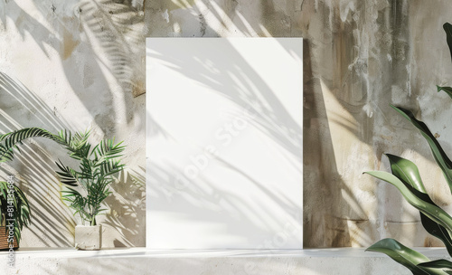 Mock up for Blank white Poster Frame in the interior with tropical flowers