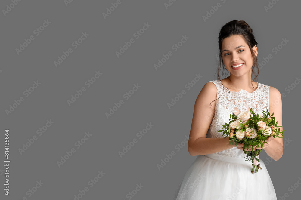 Beautiful young bride with wedding bouquet on dark background Beautiful young bride with wedding bouquet on dark background