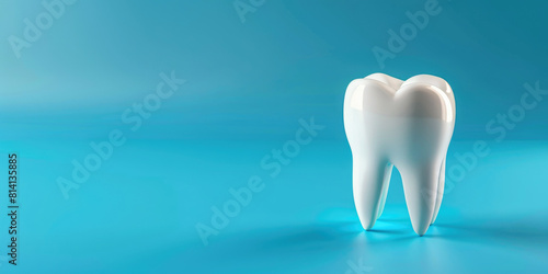 A dental model of a white tooth on blue background