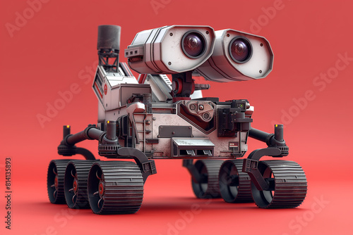 A robot with two eyes and a white body is standing on a red background