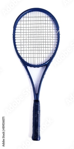 Blue tennis racket on white background, detailed grip and string © Larisa