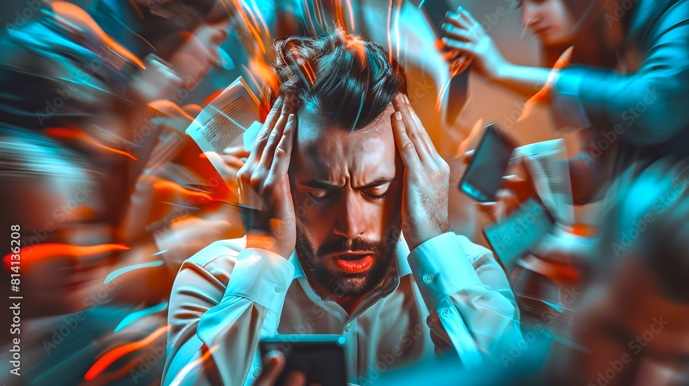 Man Overwhelmed in a Busy Crowd Glued to Smartphone. Stressful Urban Life. Conceptual Representation of Digital Age Isolation. Modern Lifestyle Chaos. Digital Stress. AI Man Overwhelmed in a Busy Crowd Glued to Smartphone. Stressful Urban Life. Conceptual Representation of Digital Age Isolation. Modern Lifestyle Chaos. Digital Stress. AI