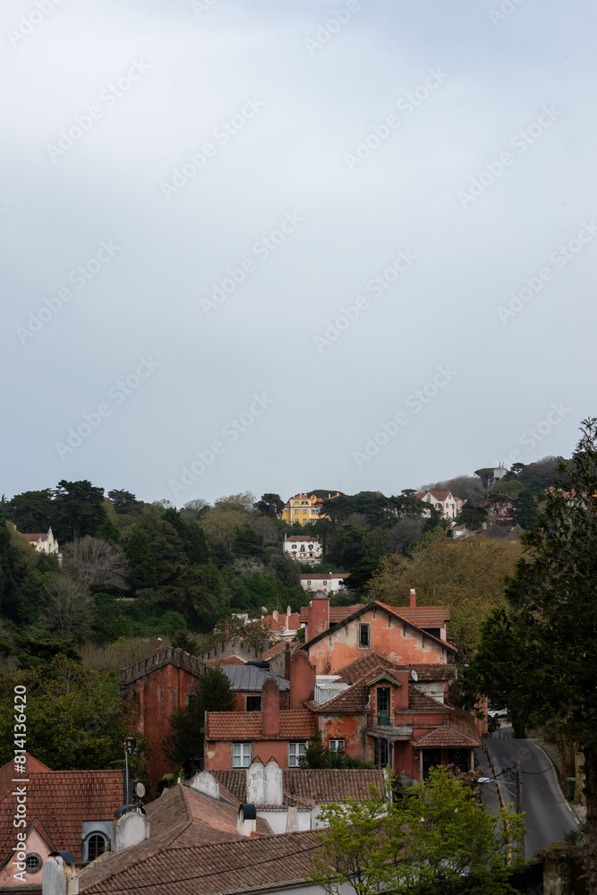Fototapeta premium View of Colorful Buildings Stacked Along a Hillside in Sintra Portugal
