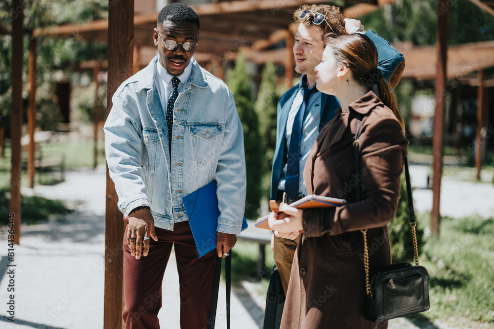 Three cheerful businesspeople discussing project ideas while enjoying a sunny day outdoors. Diverse executives displaying teamwork and strategic planning. Three cheerful businesspeople discussing project ideas while enjoying a sunny day outdoors. Diverse executives displaying teamwork and strategic planning.