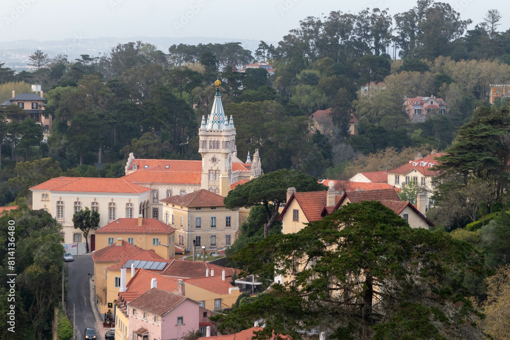 View of Colorful Buildings Surrounding a Tall Elegant Building in Sintra Portugal