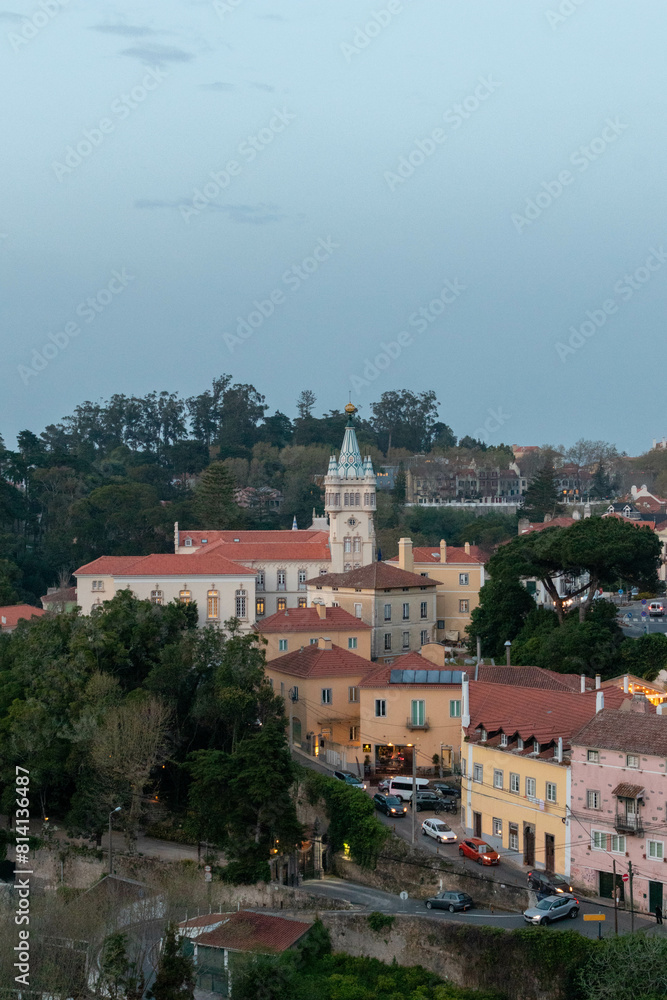 View of Colorful Buildings Surrounding a Tall Elegant Building in Sintra Portugal