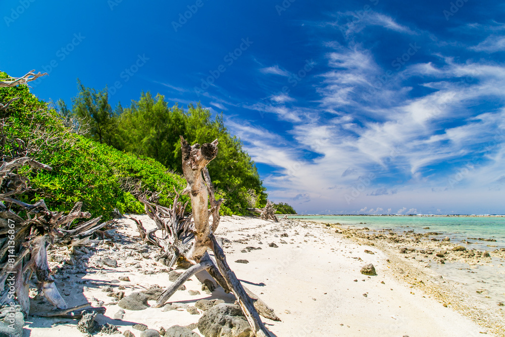 Tropical coast on the Cook Islands. Paradise destination. Tropical Island Rarotonga. Rocky beach with green trees. Azure blue sky with clouds during sunny day. Blue sea with crystal clear water. Tropical coast on the Cook Islands. Paradise destination. Tropical Island Rarotonga. Rocky beach with green trees. Azure blue sky with clouds during sunny day. Blue sea with crystal clear water.