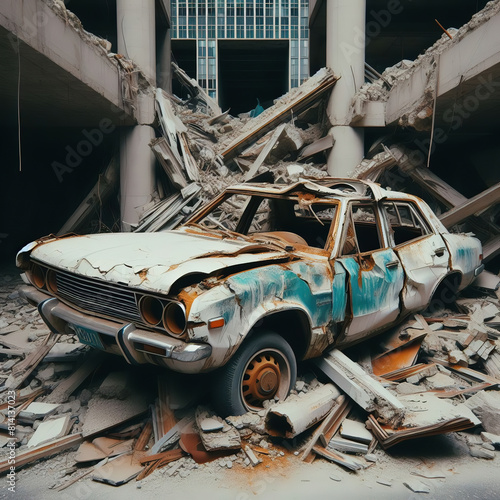 automobile anni 70 abbandonata distrutta arruginita su scenario di edificio in cemento abbandonato con macerie photo