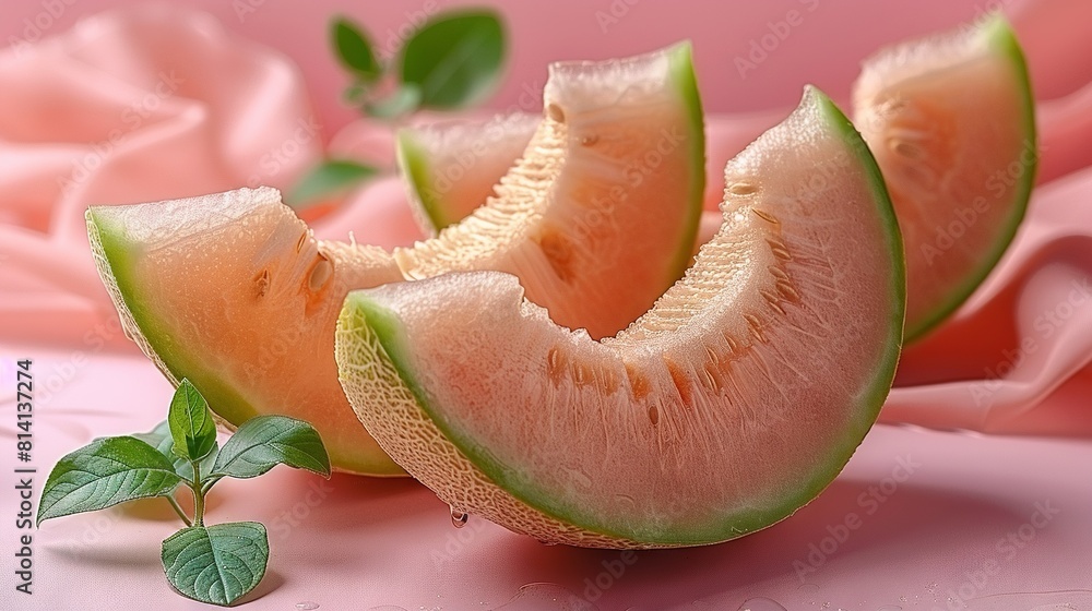 Watermelons rest atop a pink background near a lush green plant with leaves Watermelons rest atop a pink background near a lush green plant with leaves