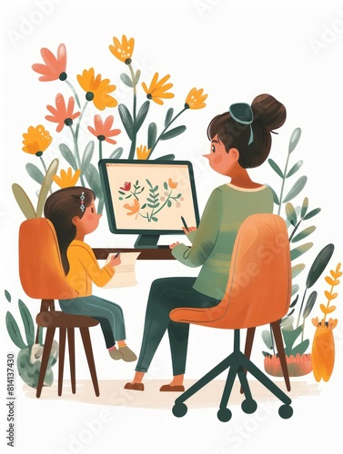 Mother and son at the laptop - cartoon people characters illustration on white background. Young parent helping her kid to do homework, learn