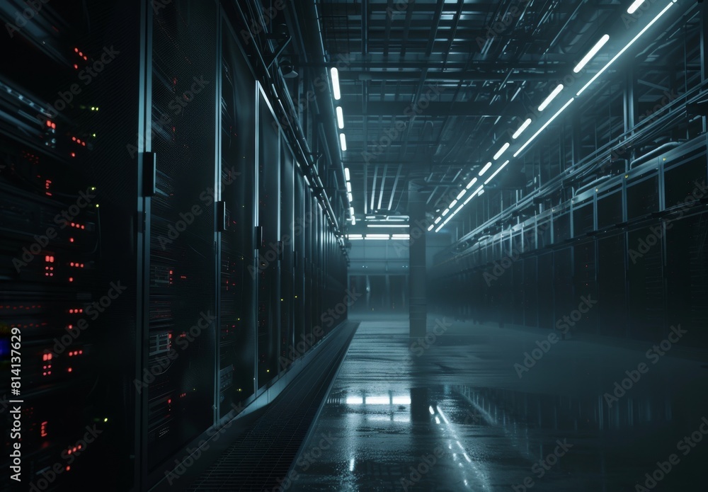 Visualization of modern data technology center server racks in a dark room with VFX, depicting IoT, data flow, and digitalization of internet traffic Visualization of modern data technology center server racks in a dark room with VFX, depicting IoT, data flow, and digitalization of internet traffic