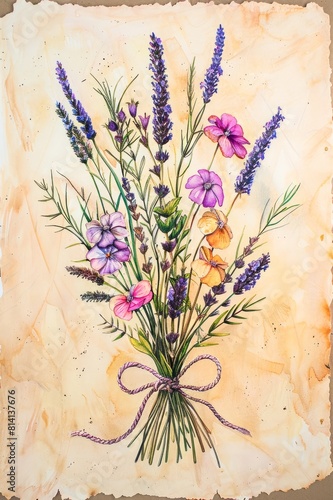 Bouquet of lavender flowers on a grunge paper background