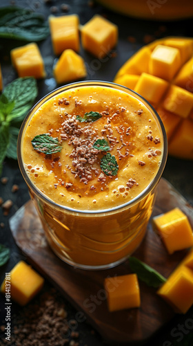 Creamy mango smoothie garnished with mint and crumbled biscuit, perfect for dessert menus and gourmet blogs.