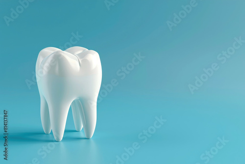 A dental model of a white tooth on blue background
