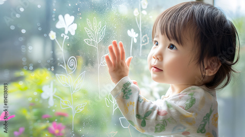 A young child touching a glass window with hand-drawn white flowers and leaves, looking outside with a curious expression.