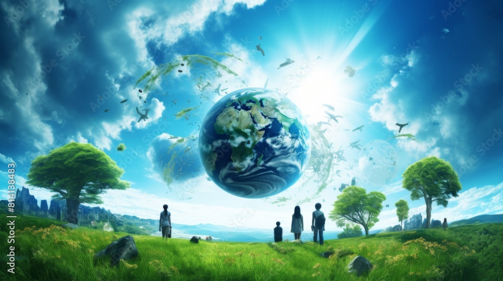 Giant Earth Rising Over a Lush Field with Observing Figures Ideal for Themes of Global Unity 