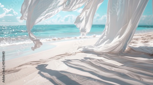 A beach shade with white, gracefully fluttering fabric curtains set against the serene backdrop of the seashore, offering a peaceful and elegant retreat.