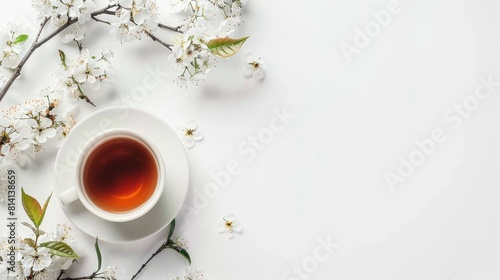 A charming composition featuring a notebook, a cup of tea, and flowers arranged on a white background