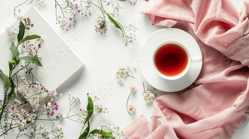 A charming composition featuring a notebook, a cup of tea, and flowers arranged on a white background