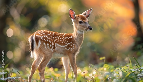 Young fallow deer fawn standing in the forest. Fall season.