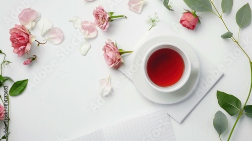 A charming composition featuring a notebook, a cup of tea, and flowers arranged on a white background