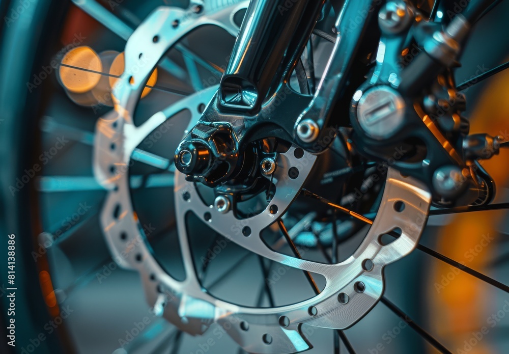 Close-up of grey metal brake disc and pads, integral part of road bike's braking system. Close-up of grey metal brake disc and pads, integral part of road bike's braking system.