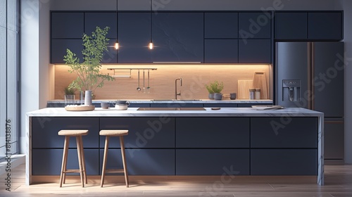A Modern Kitchen Mockup Illuminated by Warm Golden Light photo