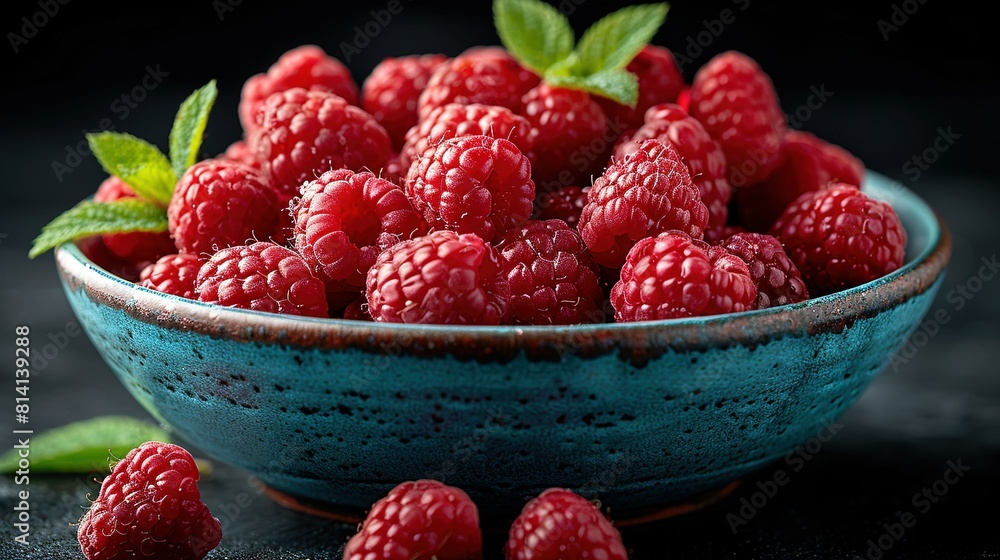 A bowl of raspberries, blue and brimming with fruit Green leaves sit atop and below, enhancing the scene's beauty A bowl of raspberries, blue and brimming with fruit Green leaves sit atop and below, enhancing the scene's beauty