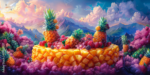 Fototapeta Naklejka Na Ścianę i Meble -  Fantastical landscape of tropical fruits and flowers, ideal for creative and dreamy food illustrations.