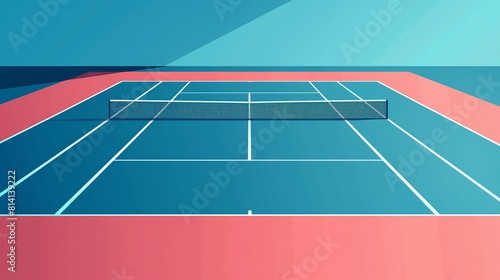 A tennis court with a net and a red and blue background