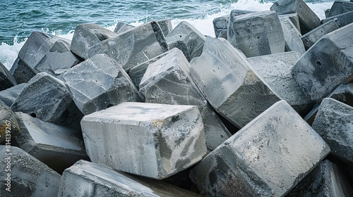 A close view of concrete tetrapod breakwater stones stacked intricately in a wave breaker photo