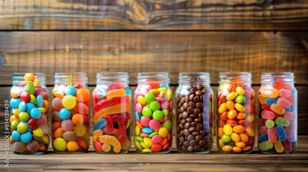 A delightful display of colorful candies stored in jars, arranged on a table with a rustic wooden background.

