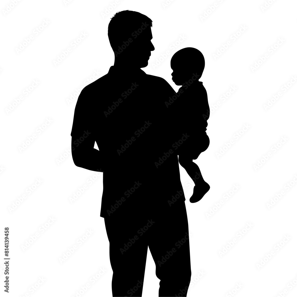 Father walking with his baby in his arms vector silhouette, black color silhouette Father walking with his baby in his arms vector silhouette, black color silhouette